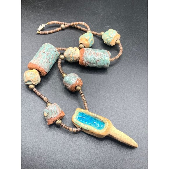 Ethnic Clay Necklace Heishi Beads Painted Rock Boho Style Unusual One of A Kind - Picture 6 of 6
